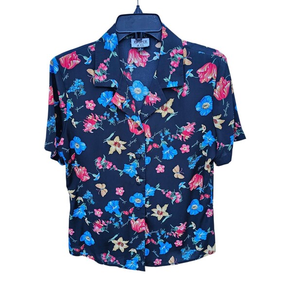 Vintage Kasper ASL Blouse 6 Skirt 10 Set Hawaiian Outfit Black Floral Shirt Top - Picture 3 of 16